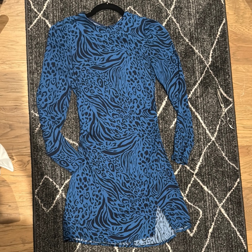 Reformation Long Sleeve Blue & Black Cheetah Print Mini Dress